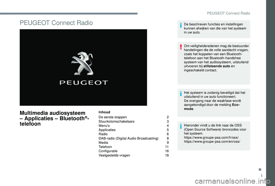 Peugeot 308 2018  Handleiding (in Dutch) 1
PEUGEOT Connect Radio
Multimedia audiosysteem 
– Applicaties – Bluetooth®-
telefoon
Inhoud
De eerste stappen
 
2
St

uurkolomschakelaars
 
 3
Menu's
  4
Applicaties
 5
R

adio   6
DAB-radio