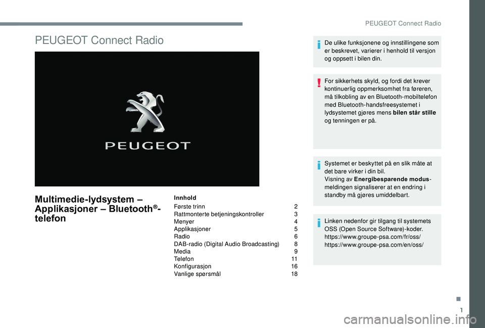 Peugeot 308 2018  Brukerhåndbok (in Norwegian) 1
PEUGEOT Connect Radio
Multimedie-lydsystem – 
Applikasjoner – Bluetooth®-
telefon
Innhold
Første trinn
 
2
Ra

ttmonterte betjeningskontroller
 3
M

enyer  
4
A

pplikasjoner
 5
R

adio   6
DA