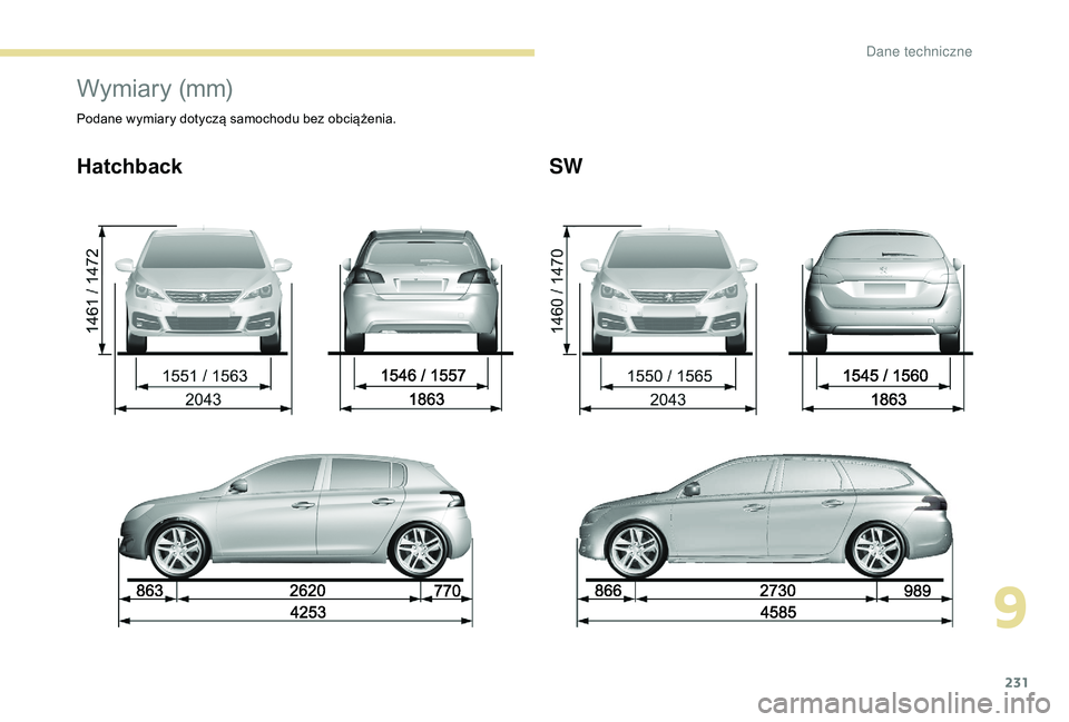 Peugeot 308 2018  Instrukcja Obsługi (in Polish) 231
Wymiary (mm) 
Podane wymiary dotyczą samochodu bez obciążenia.
HatchbackSW
9 
Dane techniczne  