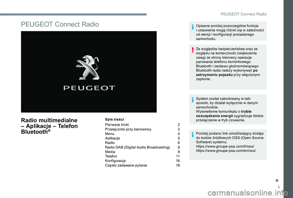 Peugeot 308 2018  Instrukcja Obsługi (in Polish) 1
PEUGEOT Connect Radio
Radio multimedialne 
– Aplikacje – Telefon 
Bluetooth
®
Spis treści
Pier wsze kroki 
2
P

rzełączniki przy kierownicy  
3
M

enu  
4
A

plikacje
 5
R

adio  
6
R

adio 