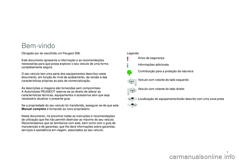 Peugeot 308 2018 Manual do proprietário (in Portuguese) 1
Bem-vindo
As descrições e imagens são fornecidas sem compromisso.
A Automóveis PEUGEOT reser va-se ao direito de alterar as
características técnicas, equipamentos e acessórios sem que seja
Peugeot 308 2018 Manual do proprietário (in Portuguese) 1
Bem-vindo
As descrições e imagens são fornecidas sem compromisso.
A Automóveis PEUGEOT reser va-se ao direito de alterar as
características técnicas, equipamentos e acessórios sem que seja