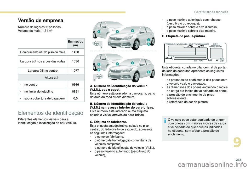 Peugeot 308 2018  Manual do proprietário (in Portuguese) 233
Versão de empresa
Número de lugares: 2 pessoas.
Volume da mala: 1,31  m3
Em metros (m )
Comprimento útil do piso da mala145 8
Largura útil nos arcos das rodas 1036
Largura útil no centro 1077