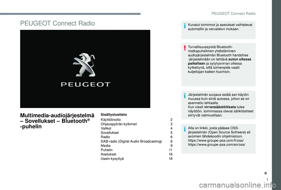 Peugeot 308 2018  Omistajan käsikirja (in Finnish) 1
PEUGEOT Connect Radio
Multimedia-audiojärjestelmä 
– Sovellukset – Bluetooth® 
-puhelin
Sisällysluettelo
Käyttöönotto
 2
O

hjauspyörän kytkimet
 3
V

alikot
 4
S

ovellukset   5
Radio
