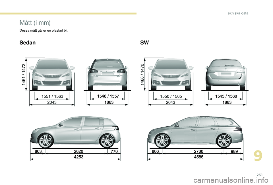 Peugeot 308 2018  Ägarmanual (in Swedish) 231
Mått (i mm) 
Dessa mått gäller en olastad bil.
SedanSW
9 
Tekniska data  