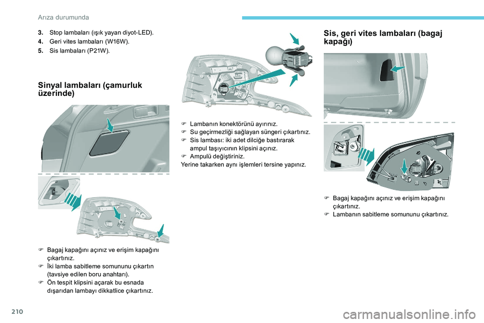 Peugeot 308 2018  Kullanım Kılavuzu (in Turkish) 210
3.Stop lambaları (ışık yayan diyot-LED).
4. Geri vites lambaları (W16W).
5. Sis lambaları (P21W).
Sinyal lambaları (çamurluk 
üzerinde)
F Bagaj kapağını açınız ve erişim kapağın