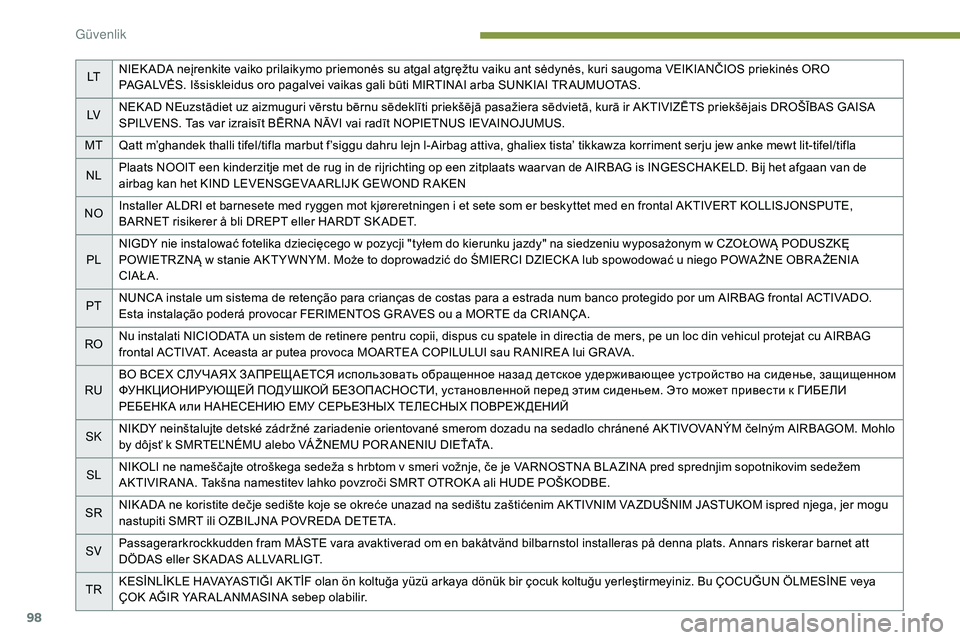 Peugeot 308 2018  Kullanım Kılavuzu (in Turkish) 98
LTNIEK ADA neįrenkite vaiko prilaikymo priemonės su atgal atgręžtu vaiku ant sėdynės, kuri saugoma VEIKIANČIOS priekinės ORO 
PAGALVĖS. Išsiskleidus oro pagalvei vaikas gali būti MIRTINA