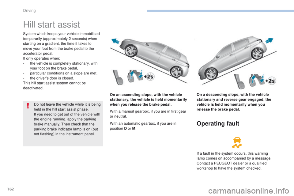 Peugeot 308 2017 Owners Manual 162
308_en_Chap06_conduite_ed01-2016
Hill start assist
System which keeps your vehicle immobilised
temporarily (approximately 2 seconds) when
starting on a gradient, the time it takes to
move your Peugeot 308 2017 Owners Manual 162
308_en_Chap06_conduite_ed01-2016
Hill start assist
System which keeps your vehicle immobilised
temporarily (approximately 2 seconds) when
starting on a gradient, the time it takes to
move your