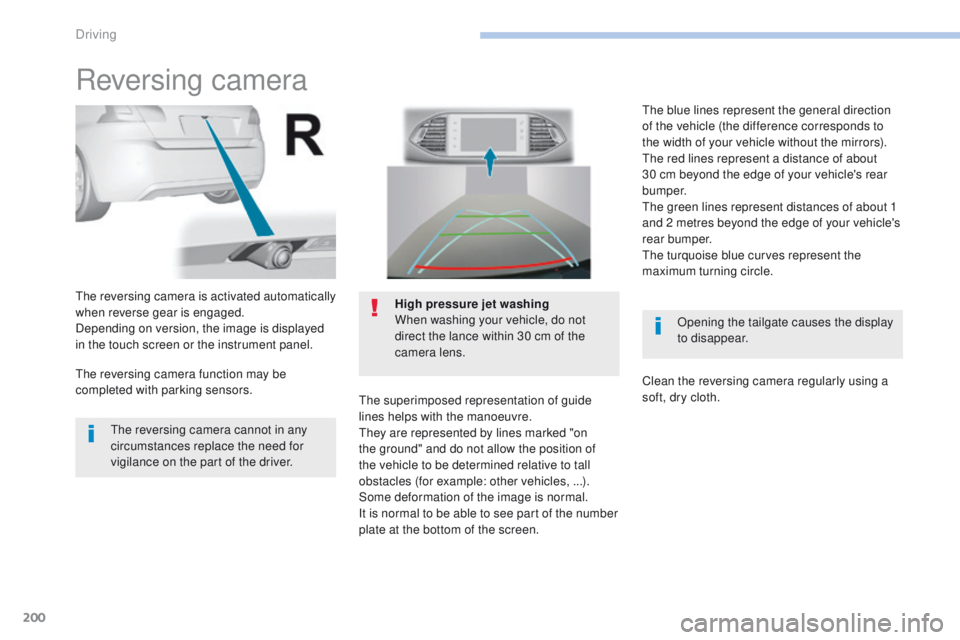 Peugeot 308 2017 Owners Manual 200
308_en_Chap06_conduite_ed01-2016
Reversing camera
Opening the tailgate causes the display
to disappear.
the
reversing camera is activated automatically
when reverse gear is engaged.
Depending Peugeot 308 2017 Owners Manual 200
308_en_Chap06_conduite_ed01-2016
Reversing camera
Opening the tailgate causes the display
to disappear.
the
reversing camera is activated automatically
when reverse gear is engaged.
Depending
