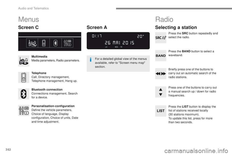 Peugeot 308 2017  Owners Manual 362
308_en_Chap10c_RD45_ed01-2016
Menus
Screen C
Multimedia
Media parameters, Radio parameters.
Telephone
Call, Directory management, 
te
lephone management, Hang up.
Bluetooth connection
Connections 