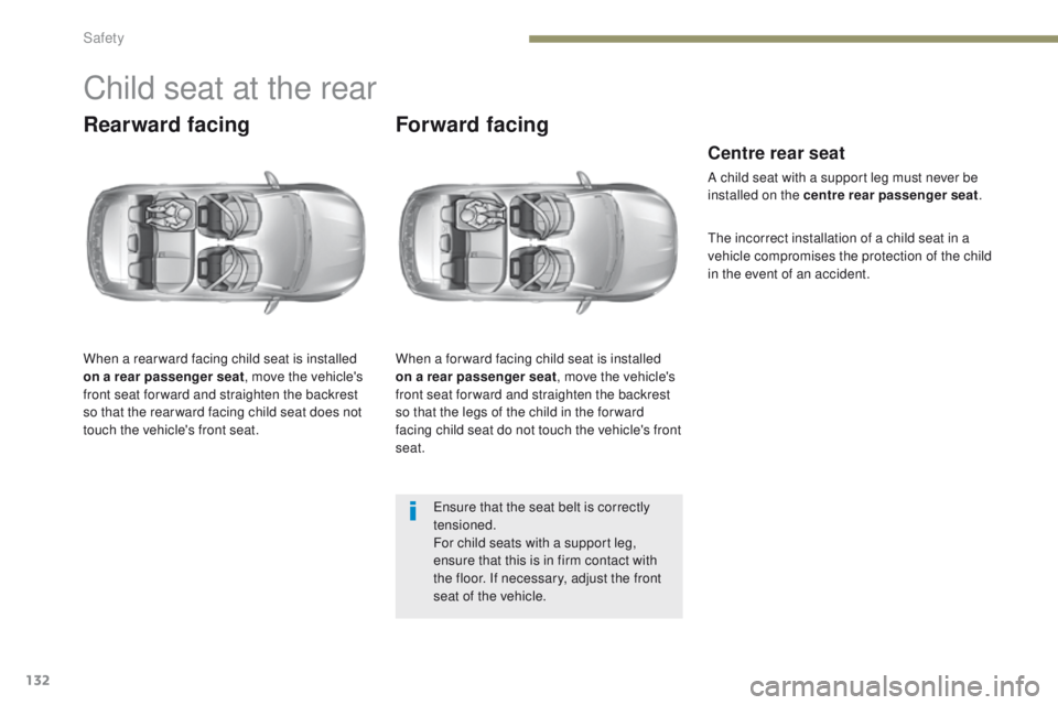 Peugeot 308 2017  Owners Manual - RHD (UK, Australia) 132
Child seat at the rear
Rearward facing
When a rear ward facing child seat is installed 
on a rear passenger seat, move the vehicle's 
front seat for ward and straighten the backrest 
so that t