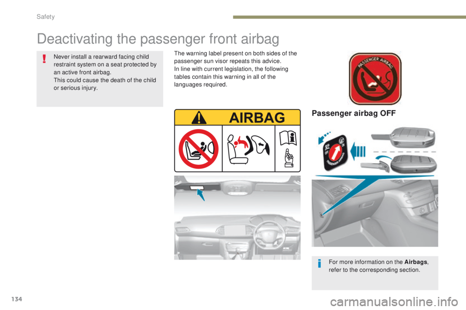 Peugeot 308 2017  Owners Manual - RHD (UK, Australia) 134
Passenger airbag OFF
For more information on the Airbags, 
refer to the corresponding section.
Deactivating the passenger front airbag
Never install a rear ward facing child 
restraint system on a