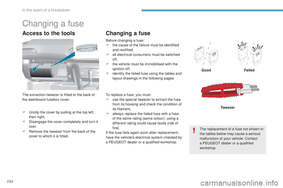 Peugeot 308 2017  Owners Manual - RHD (UK, Australia) 262
F  unclip the cover by pulling at the top left, then right.
F
 
D
 isengage the cover completely and turn it 
ove r.
Access to the tools
Before changing a fuse:
F  t he cause of the failure must b