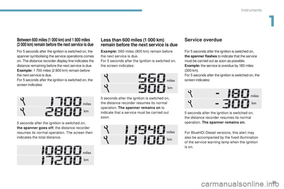 Peugeot 308 2017 Owners Manual - RHD (UK, Australia) 29
Between 600 miles (1 000 km) and 1 800 miles
(3 000 km) remain before the next service is due
5 seconds after the ignition is switched on,
the spanner goes off ; the distance recorder
resumes i Peugeot 308 2017 Owners Manual - RHD (UK, Australia) 29
Between 600 miles (1 000 km) and 1 800 miles
(3 000 km) remain before the next service is due
5 seconds after the ignition is switched on,
the spanner goes off ; the distance recorder
resumes i