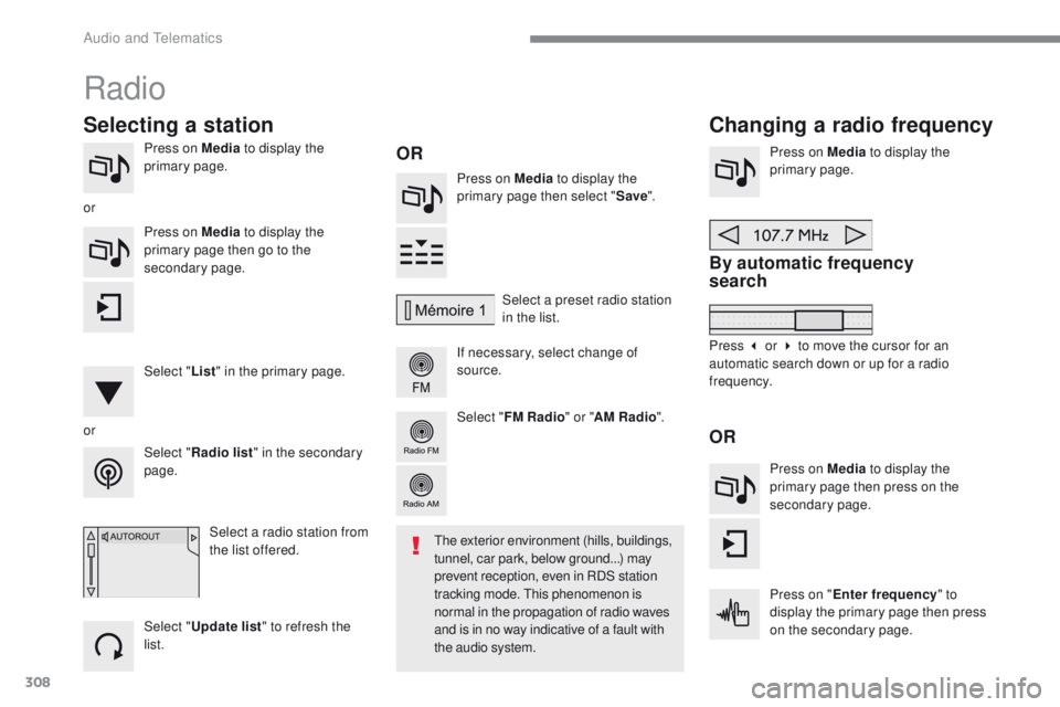 Peugeot 308 2017  Owners Manual - RHD (UK, Australia) 308
Press on Media to display the 
primary page. Press on Media to display the 
primary page then select " Save".
If necessary, select change of 
source. Press on Media
 to display the 
primar