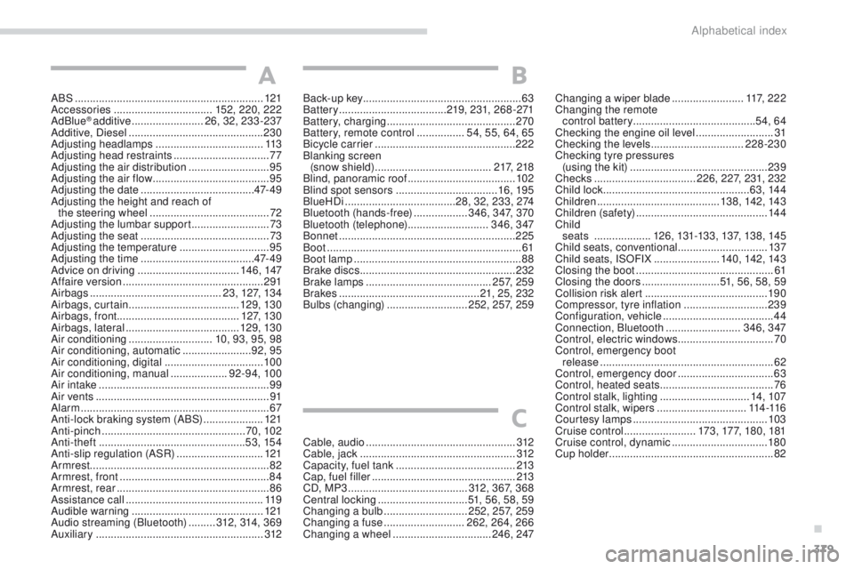 Peugeot 308 2017  Owners Manual - RHD (UK, Australia) 379
ABS ...............................................................121
Accessories  ................................. 152, 220, 222
AdBlue
® additive  ........................ 26, 32, 233-237
Add