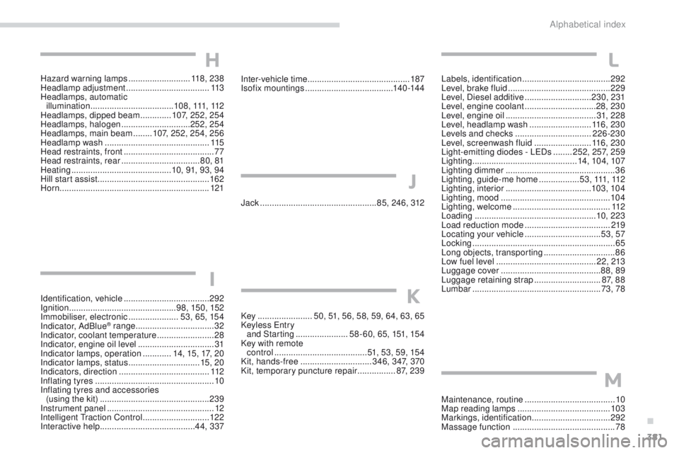 Peugeot 308 2017  Owners Manual - RHD (UK, Australia) 381
Identification, vehicle ....................................2 92
Ignition ................ ............................. 9 8, 150, 152
Immobiliser, electronic
 

.....................53, 65, 154
I