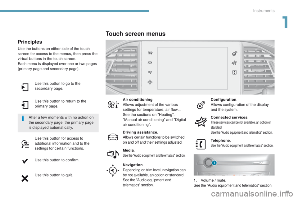 Peugeot 308 2017 Owners Manual - RHD (UK, Australia) 41
use this button to go to the
secondary page.
us
e this button to return to the
primary page.
us
e this button for access to
additional information and to the
settings for certain functions.
us Peugeot 308 2017 Owners Manual - RHD (UK, Australia) 41
use this button to go to the
secondary page.
us
e this button to return to the
primary page.
us
e this button for access to
additional information and to the
settings for certain functions.
us