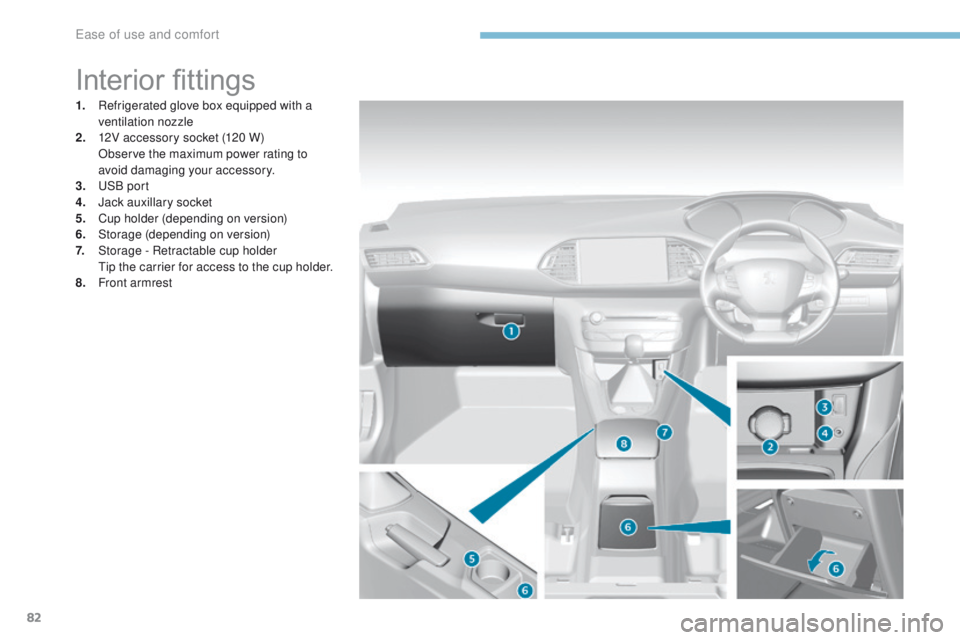 Peugeot 308 2017  Owners Manual - RHD (UK, Australia) 82
Interior fittings
1. Refrigerated glove box equipped with a ventilation nozzle
2.
 1

2V accessory socket (120 W)
 
 
O
 bserve the maximum power rating to 
avoid damaging your accessory.
3.
 

u
S