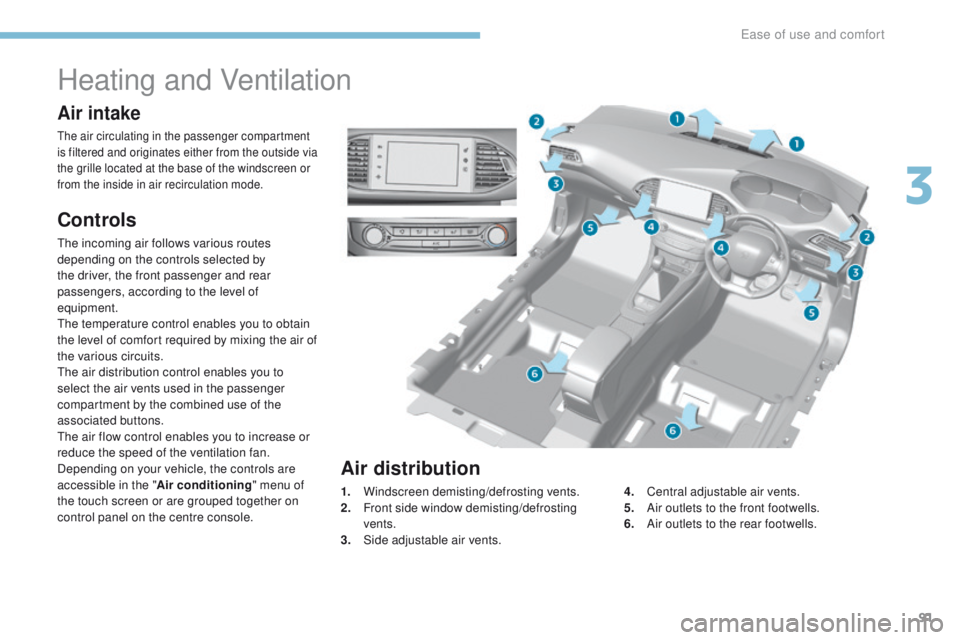 Peugeot 308 2017 Owners Manual - RHD (UK, Australia) 91
Heating and Ventilation
Air intake
the air circulating in the passenger compartment
is filtered and originates either from the outside via
the grille located at the base of the windscreen or
fro Peugeot 308 2017 Owners Manual - RHD (UK, Australia) 91
Heating and Ventilation
Air intake
the air circulating in the passenger compartment
is filtered and originates either from the outside via
the grille located at the base of the windscreen or
fro