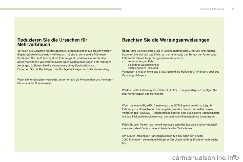Peugeot 308 2017 Betriebsanleitung (in German) 11
308_de_Chap00c_eco-conduite_ed01-2016
Reduzieren Sie die Ursachen für
Mehrverbrauch
Ver teilen Sie gewichte auf das gesamte Fahrzeug; stellen Sie die schwersten ge
päckstücke hinten in den Koff Peugeot 308 2017 Betriebsanleitung (in German) 11
308_de_Chap00c_eco-conduite_ed01-2016
Reduzieren Sie die Ursachen für
Mehrverbrauch
Ver teilen Sie gewichte auf das gesamte Fahrzeug; stellen Sie die schwersten ge
päckstücke hinten in den Koff