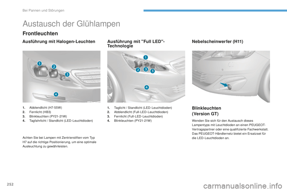Peugeot 308 2017  Betriebsanleitung (in German) 252
308_de_Chap08_en-cas-de-panne_ed01-2016
Austausch der gl ühlampen
Frontleuchten
Ausführung mit "Full LED"-
Technologie
Ausführung mit Halogen-Leuchten
Achten Sie bei Lampen mit Zentrier