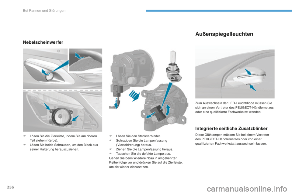 Peugeot 308 2017  Betriebsanleitung (in German) 256
308_de_Chap08_en-cas-de-panne_ed01-2016
Integrierte seitliche Zusatzblinker
Diese glühlampen müssen Sie bei einem Vertreter 
des Peu
geOt- Händlernetzes oder von einer 
qualifizierten Fachwerks