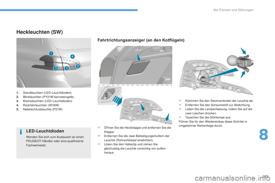Peugeot 308 2017  Betriebsanleitung (in German) 259
308_de_Chap08_en-cas-de-panne_ed01-2016
Heckleuchten (SW)
LED-Leuchtdioden
Wenden Sie sich zum Austausch an einen 
Pe
ugeOt- Händler oder eine qualifizierte 
Fachwerkstatt.
Fahrtrichtungsanzeiger