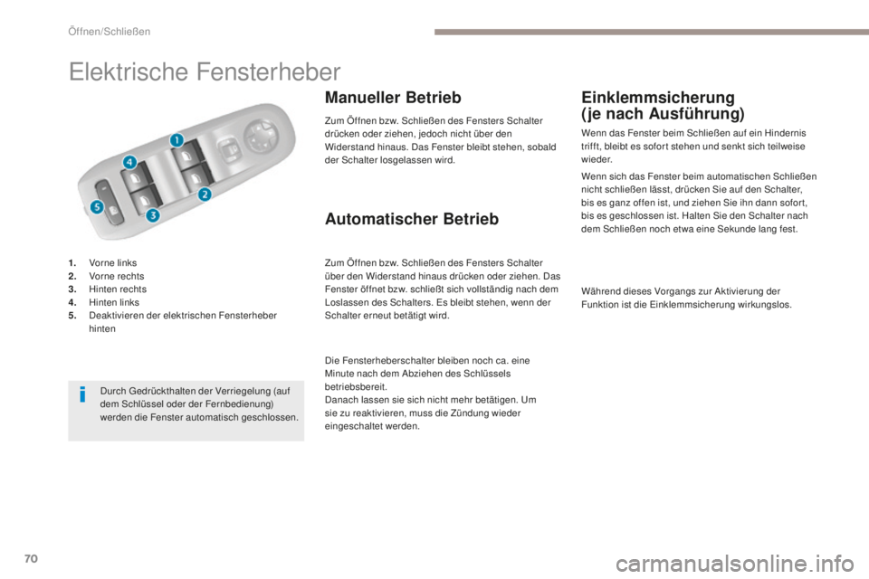 Peugeot 308 2017 Betriebsanleitung (in German) 70
308_de_Chap02_ouvertures_ed01-2016
elektrische Fensterheber
1. Vorne links
2. V orne rechts
3.
H
inten rechts
4.
H
inten links
5.
D
eaktivieren der elektrischen Fensterheber
hinten
Manueller Peugeot 308 2017 Betriebsanleitung (in German) 70
308_de_Chap02_ouvertures_ed01-2016
elektrische Fensterheber
1. Vorne links
2. V orne rechts
3.
H
inten rechts
4.
H
inten links
5.
D
eaktivieren der elektrischen Fensterheber
hinten
Manueller