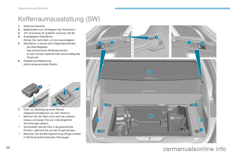 Peugeot 308 2017  Betriebsanleitung (in German) 88
308_de_Chap03_ergonomie-et-confort_ed01-2016
Kofferraumausstattung (SW)
1. Kofferraumleuchte
2. B edienhebel zum  um klappen der Rücksitze n
3.
 1

2V-Anschluss für Zubehör (maximal 120   W)
4.
