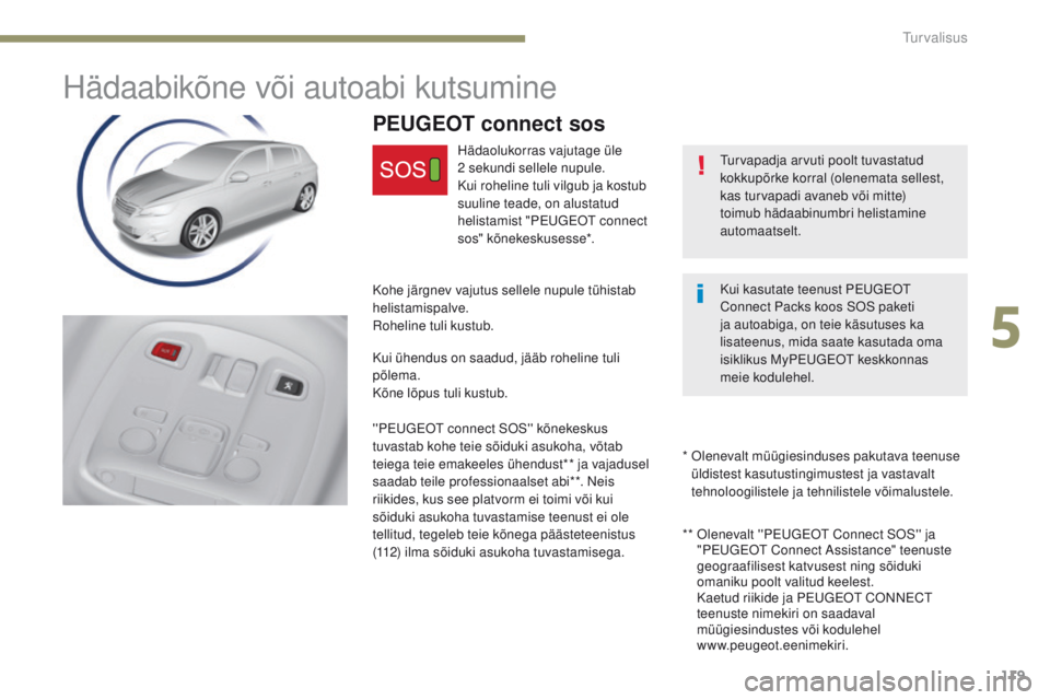 Peugeot 308 2017 Omaniku käsiraamat (in Estonian) 119
308_et_Chap05_securite_ed01-2016
Hädaabikõne või autoabi kutsumine
turvapadja arvuti poolt tuvastatud
k okkupõrke korral (olenemata sellest,
kas turvapadi avaneb või mitte)
toimub hädaabi Peugeot 308 2017 Omaniku käsiraamat (in Estonian) 119
308_et_Chap05_securite_ed01-2016
Hädaabikõne või autoabi kutsumine
turvapadja arvuti poolt tuvastatud
k okkupõrke korral (olenemata sellest,
kas turvapadi avaneb või mitte)
toimub hädaabi