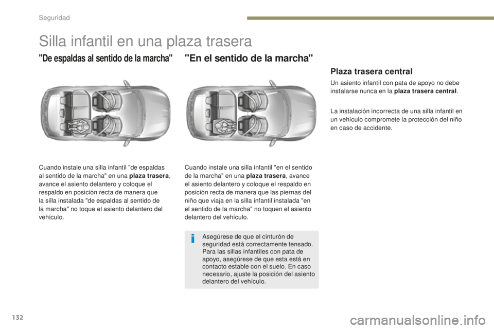 Peugeot 308 2017  Manual del propietario (in Spanish) 132
308_es_Chap05_securite_ed01-2016
Silla infantil en una plaza trasera
"De espaldas al sentido de la marcha"
Cuando instale una silla infantil "de espaldas 
al sentido de la marcha" 