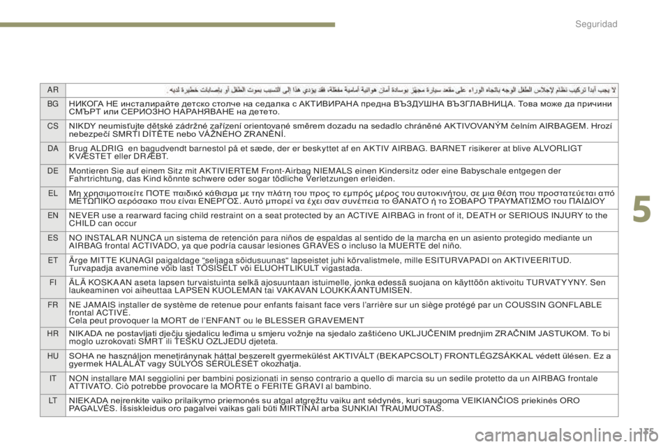 Peugeot 308 2017  Manual del propietario (in Spanish) 135
AR
BG
НИКОГА НЕ инсталирайте детско столче на седалка с АКТИВИРАНА предна ВЪЗДУШНА ВЪЗГЛАВНИЦ А. Това може да