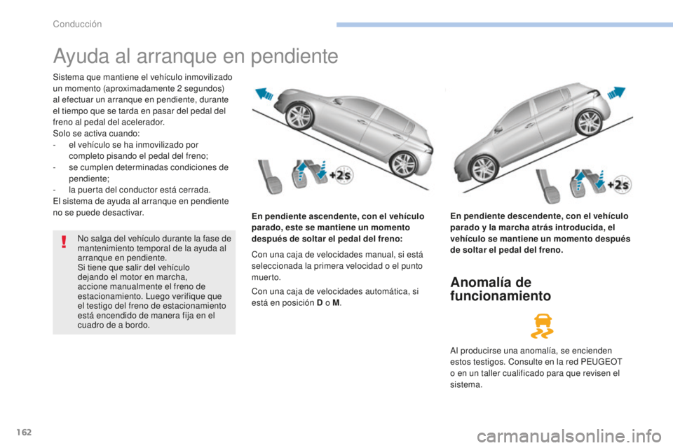 Peugeot 308 2017  Manual del propietario (in Spanish) 162
308_es_Chap06_conduite_ed01-2016
Ayuda al arranque en pendiente
Sistema que mantiene el vehículo inmovilizado 
un momento (aproximadamente 2 segundos) 
al efectuar un arranque en pendiente, duran