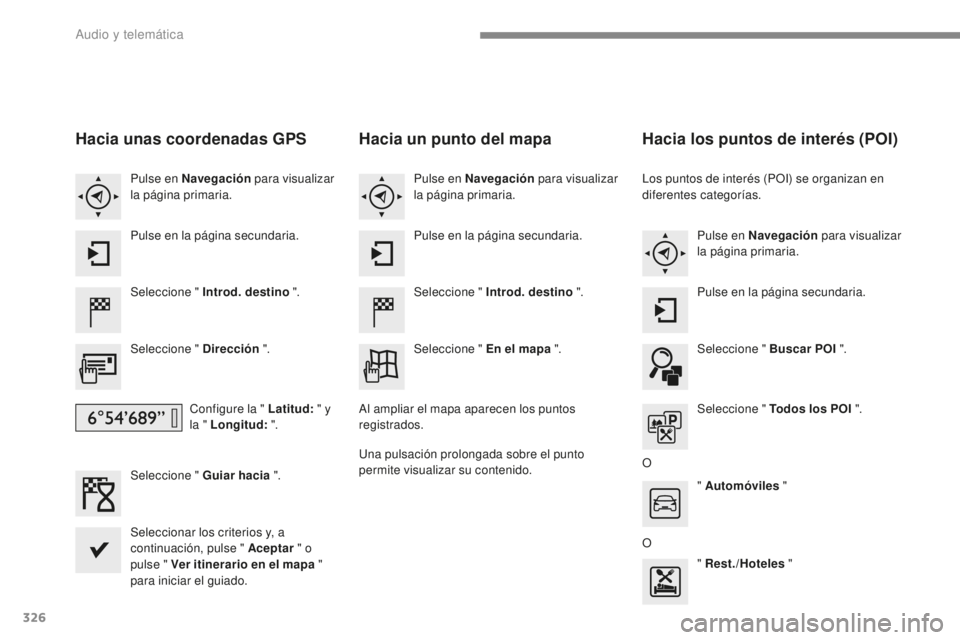 Peugeot 308 2017  Manual del propietario (in Spanish) 326
308_es_Chap10b_SMEGplus_ed01-2016
Hacia unas coordenadas GPS
Seleccione " Introd. destino ".
Seleccione " Dirección  ".
Configure la " Latitud:  " y 
la " Longitud:  &