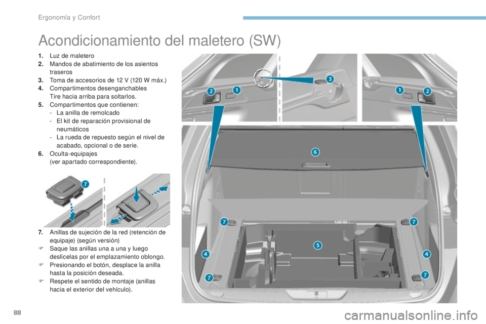 Peugeot 308 2017  Manual del propietario (in Spanish) 88
308_es_Chap03_ergonomie-et-confort_ed01-2016
Acondicionamiento del maletero (SW)
1. Luz de maletero
2. Mandos de abatimiento de los asientos 
traseros
3.
 T

oma de accesorios de 12   V (120   W m