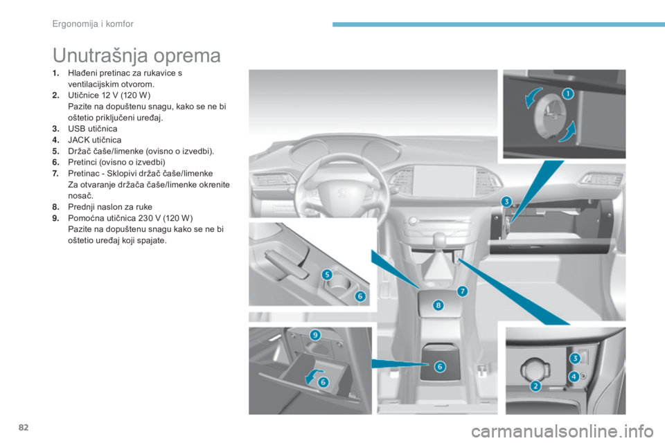 Peugeot 308 2017  Vodič za korisnike (in Croatian) 82
308_hr_Chap03_ergonomie-et-confort_ed01-2016
Unutrašnja oprema
1. Hlađeni pretinac za rukavice s ventilacijskim otvorom.
2.
 U

tičnice 12 V (120 W)
 P

azite na dopuštenu snagu, kako se ne bi 