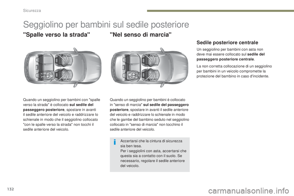 Peugeot 308 2017  Manuale del proprietario (in Italian) 132
308_it_Chap05_securite_ed01-2016
Seggiolino per bambini sul sedile posteriore
"Spalle verso la strada"
Quando un seggiolino per bambini con "spalle 
verso la strada" è collocato s