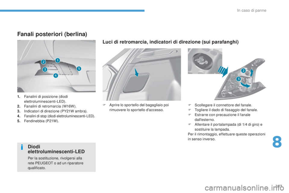 Peugeot 308 2017  Manuale del proprietario (in Italian) 257
308_it_Chap08_en-cas-de-panne_ed01-2016
1. Fanalini di posizione (diodi 
elettroluminescenti-LeD ).
2.
 F

analini di retromarcia (W16W).
3.
 I

ndicatori di direzione (PY21W ambra).
4.
 Fanalini 
