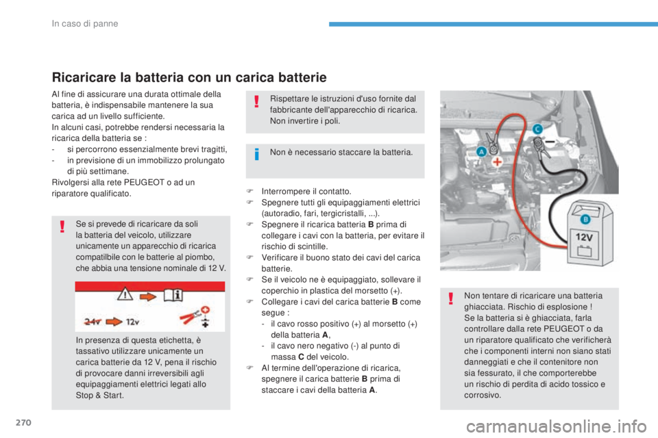Peugeot 308 2017  Manuale del proprietario (in Italian) 270
308_it_Chap08_en-cas-de-panne_ed01-2016
Al fine di assicurare una durata ottimale della 
batteria, è indispensabile mantenere la sua 
carica ad un livello sufficiente.
In alcuni casi, potrebbe re