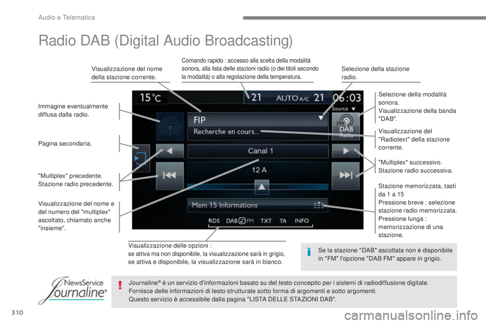 Peugeot 308 2017 Manuale del proprietario (in Italian) 310
308_it_Chap10b_SMegplus_ed01-2016
Visualizzazione delle opzioni :se attiva ma non disponibile, la visualizzazione sarà in grigio,se attiva e disponibile, la visualizzazione sarà in bianco.Visual Peugeot 308 2017 Manuale del proprietario (in Italian) 310
308_it_Chap10b_SMegplus_ed01-2016
Visualizzazione delle opzioni :se attiva ma non disponibile, la visualizzazione sarà in grigio,se attiva e disponibile, la visualizzazione sarà in bianco.Visual