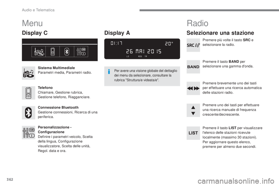 Peugeot 308 2017 Manuale del proprietario (in Italian) 362
308_it_Chap10c_RD45_ed01-2016
Menu
Display C
Sistema Multimediale
Parametri media, Parametri radio.
Telefono
Chiamare, g
e
stione rubrica,
ge
stione telefono, Riagganciare.
Connessione Bluetoot Peugeot 308 2017 Manuale del proprietario (in Italian) 362
308_it_Chap10c_RD45_ed01-2016
Menu
Display C
Sistema Multimediale
Parametri media, Parametri radio.
Telefono
Chiamare, g
e
stione rubrica,
ge
stione telefono, Riagganciare.
Connessione Bluetoot