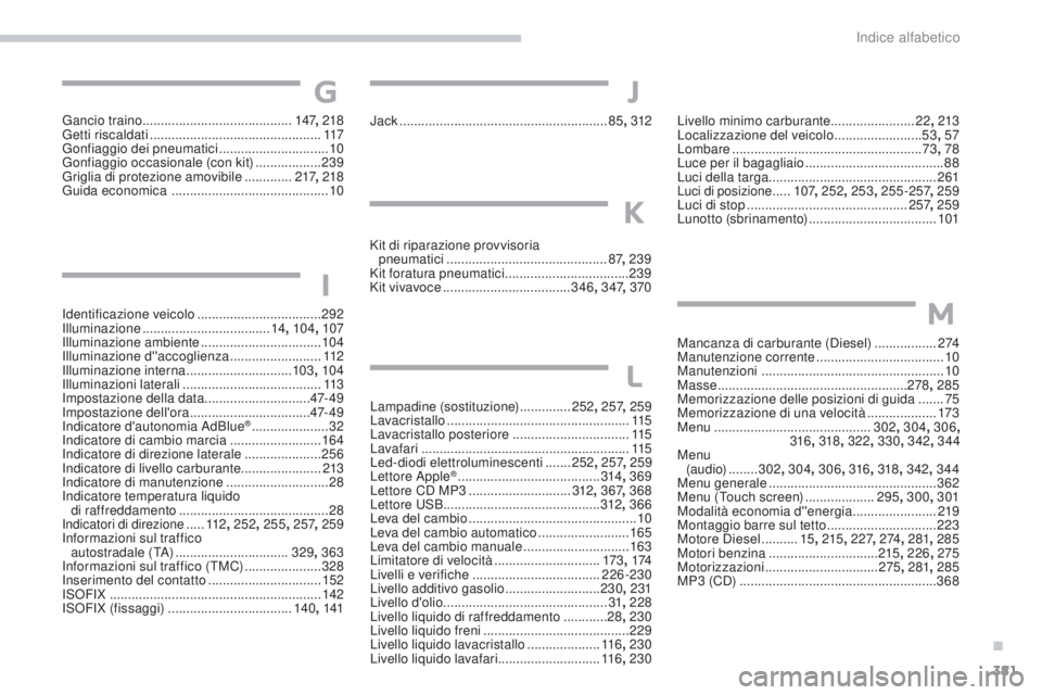 Peugeot 308 2017 Manuale del proprietario (in Italian) 381
308_it_Chap11_index-alpha_ed01-2016
Kit di riparazione provvisoria pneumatici ............................................ 87, 239
Kit foratura pneumatici
..................................23 Peugeot 308 2017 Manuale del proprietario (in Italian) 381
308_it_Chap11_index-alpha_ed01-2016
Kit di riparazione provvisoria pneumatici ............................................ 87, 239
Kit foratura pneumatici
..................................23