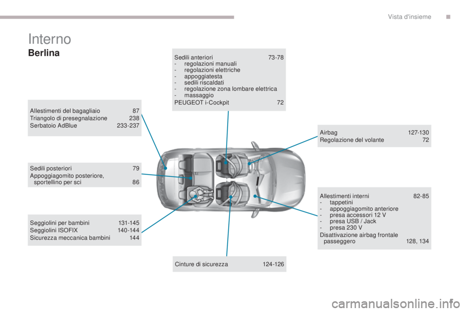 Peugeot 308 2017  Manuale del proprietario (in Italian) 5
308_it_Chap00b_vue-densemble_ed01-2016
Interno
Allestimenti del bagagliaio 87triangolo di presegnalazione 2 38
Serbatoio AdBlue
 2

33-237
Cinture di sicurezza
 1

24-126
Sedili anteriori
 
7
 3 -78