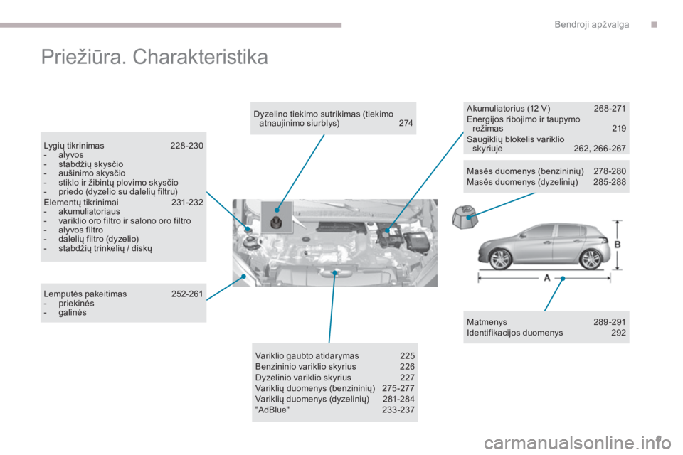 Peugeot 308 2017  Savininko vadovas (in Lithuanian) 9
308_lt_Chap00b_vue-densemble_ed01-2016
Priežiūra. Charakteristika
Matmenys  289 -291
Identifikacijos duomenys   2 92
Dyzelino tiekimo sutrikimas (tiekimo 
atnaujinimo siurblys) 
 2

74
Lygių tikr