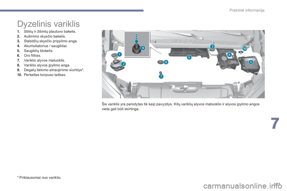 Peugeot 308 2017  Savininko vadovas (in Lithuanian) 227
308_lt_Chap07_info-pratiques_ed01-2016
* Priklausomai nuo variklio.
Dyzelinis variklis
1. Stiklų ir žibintų plautuvo bakelis.
2. Aušinimo skysčio bakelis.
3.
 S

tabdžių skysčio pripylimo 