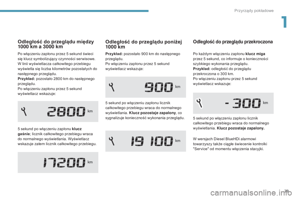 Peugeot 308 2017 Instrukcja Obsługi (in Polish) 29
308_pl_Chap01_instruments-de-bord_ed01-2016
Odległość do przeglądu między
1000 km a 3000 km
5 sekund po włączeniu zapłonu klucz
gaśnie; licznik całkowitego przebiegu wraca
do normalneg Peugeot 308 2017 Instrukcja Obsługi (in Polish) 29
308_pl_Chap01_instruments-de-bord_ed01-2016
Odległość do przeglądu między
1000 km a 3000 km
5 sekund po włączeniu zapłonu klucz
gaśnie; licznik całkowitego przebiegu wraca
do normalneg