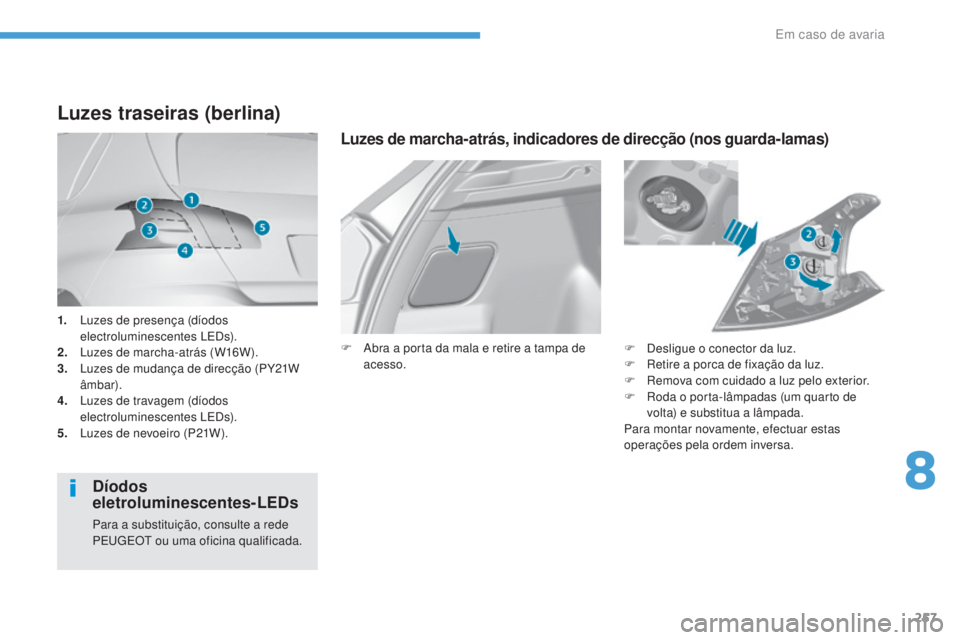 Peugeot 308 2017  Manual do proprietário (in Portuguese) 257
308_pt_Chap08_En-cas-de-panne_ed01-2016
1. Luzes de presença (díodos electroluminescentes LEDs).
2.
 L

uzes de marcha-atrás (W16W).
3.
 L

uzes de mudança de direcção (PY21W 
âmbar).
4.
 L