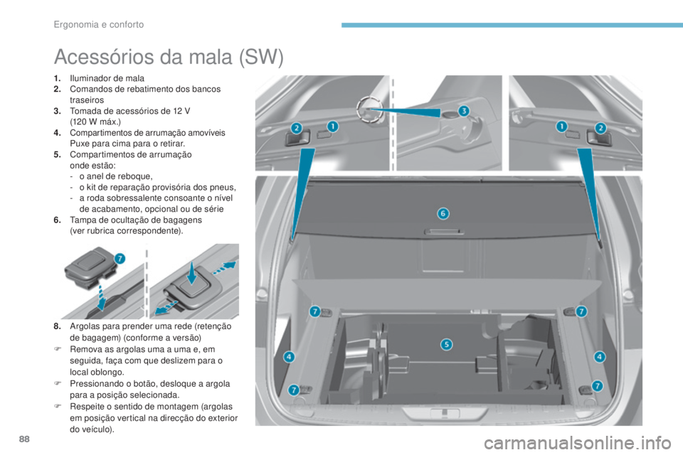 Peugeot 308 2017  Manual do proprietário (in Portuguese) 88
308_pt_Chap03_ergonomie-et-confort_ed01-2016
Acessórios da mala (SW)
1. Iluminador de mala
2. Comandos de rebatimento dos bancos 
traseiros
3.
 

t
o
 mada de acessórios de 12   V 
(120
  W   má