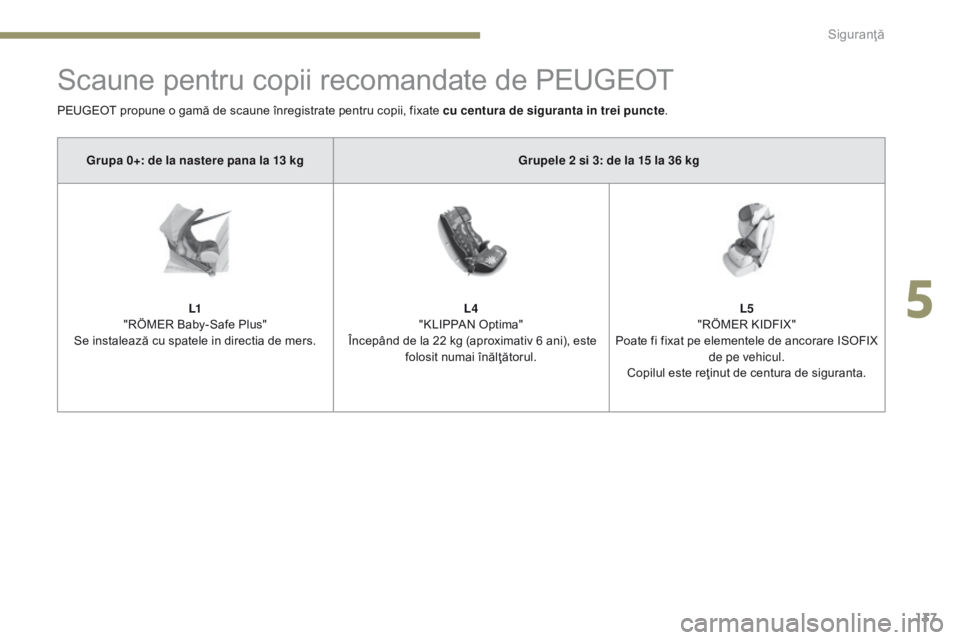 Peugeot 308 2017  Manualul de utilizare (in Romanian) 137
308_ro_Chap05_securite_ed01-2016
Scaune pentru copii recomandate de PEUGEOT
PEUGEOT propune o gamă de scaune înregistrate pentru copii, fixate cu centura de siguranta in trei puncte.
Grupa 0+: d