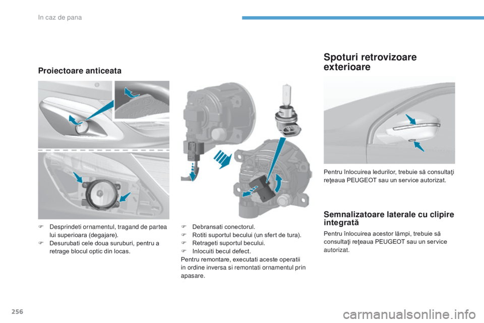 Peugeot 308 2017  Manualul de utilizare (in Romanian) 256
308_ro_Chap08_En-cas-de-panne_ed01-2016
Semnalizatoare laterale cu clipire 
integrată
Pentru înlocuirea acestor lămpi, trebuie să 
consultaţi reţeaua PEUGEOT sau un service 
autorizat. Pentr
